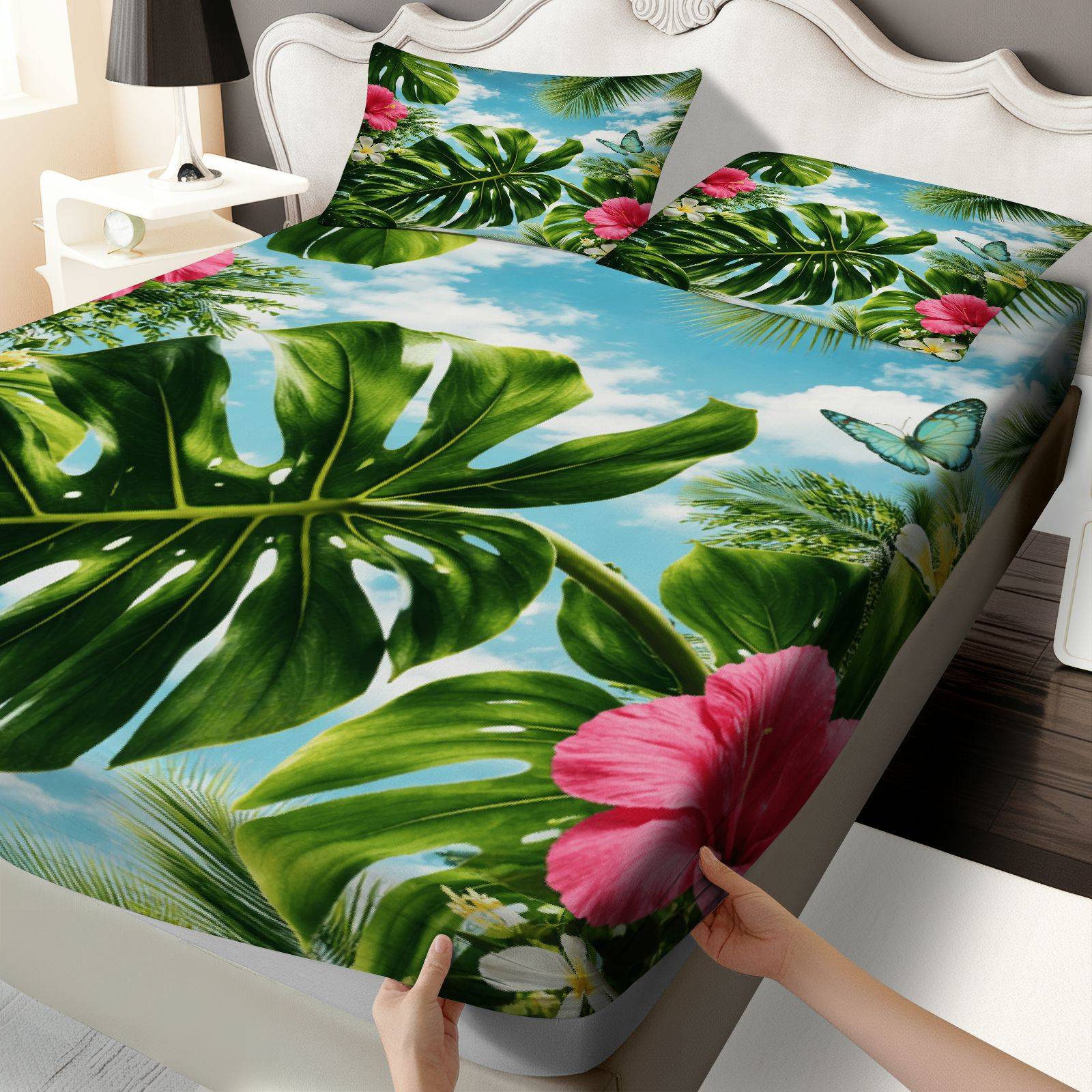 Fitted Sheet Deep - Set di Lenzuola con Motivo Ibisco